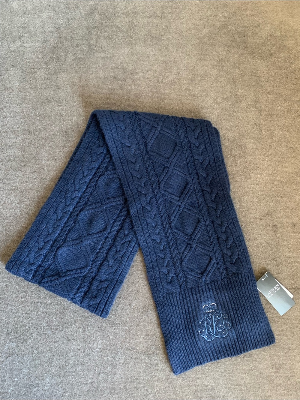 Lauren Ralph Lauren Woman's Scarf Cable Knit Navy Embellished Embroidered Logo
